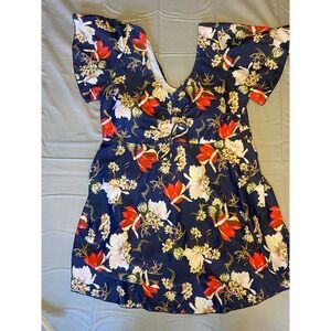 Acupper Floral Swim Dress Womens XL Navy Blue Flutter Sleeve Tropical Skirted